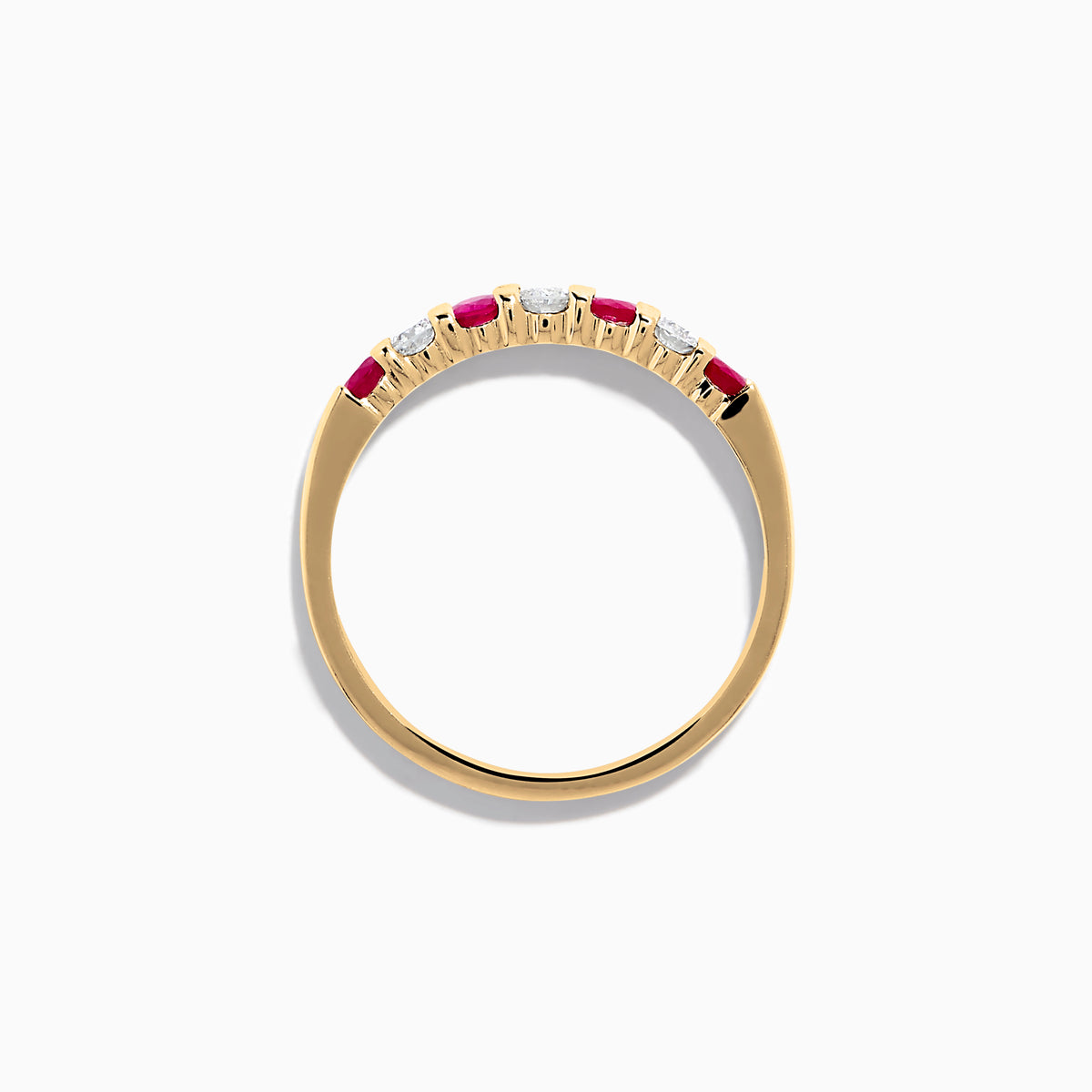 The 14K Yellow Gold 7-Stone Ruby & Diamond Band, 0.50 TCW, features four round rubies and three round diamonds set alternately in a row on the band.