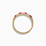 The 14K Yellow Gold 7-Stone Ruby & Diamond Band, 0.50 TCW, features four round rubies and three round diamonds set alternately in a row on the band.