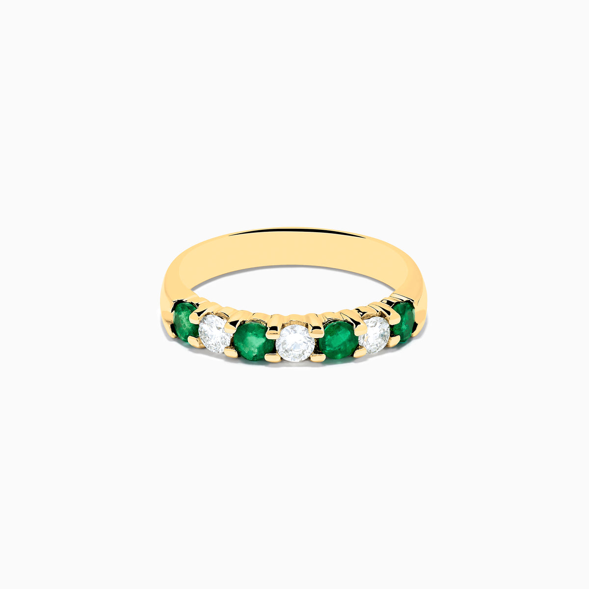 The 14K Yellow Gold 7-Stone Emerald & Diamond Band, 0.65 TCW, features alternating round green emeralds and white diamonds set in a row along the band, shown against a plain white background.