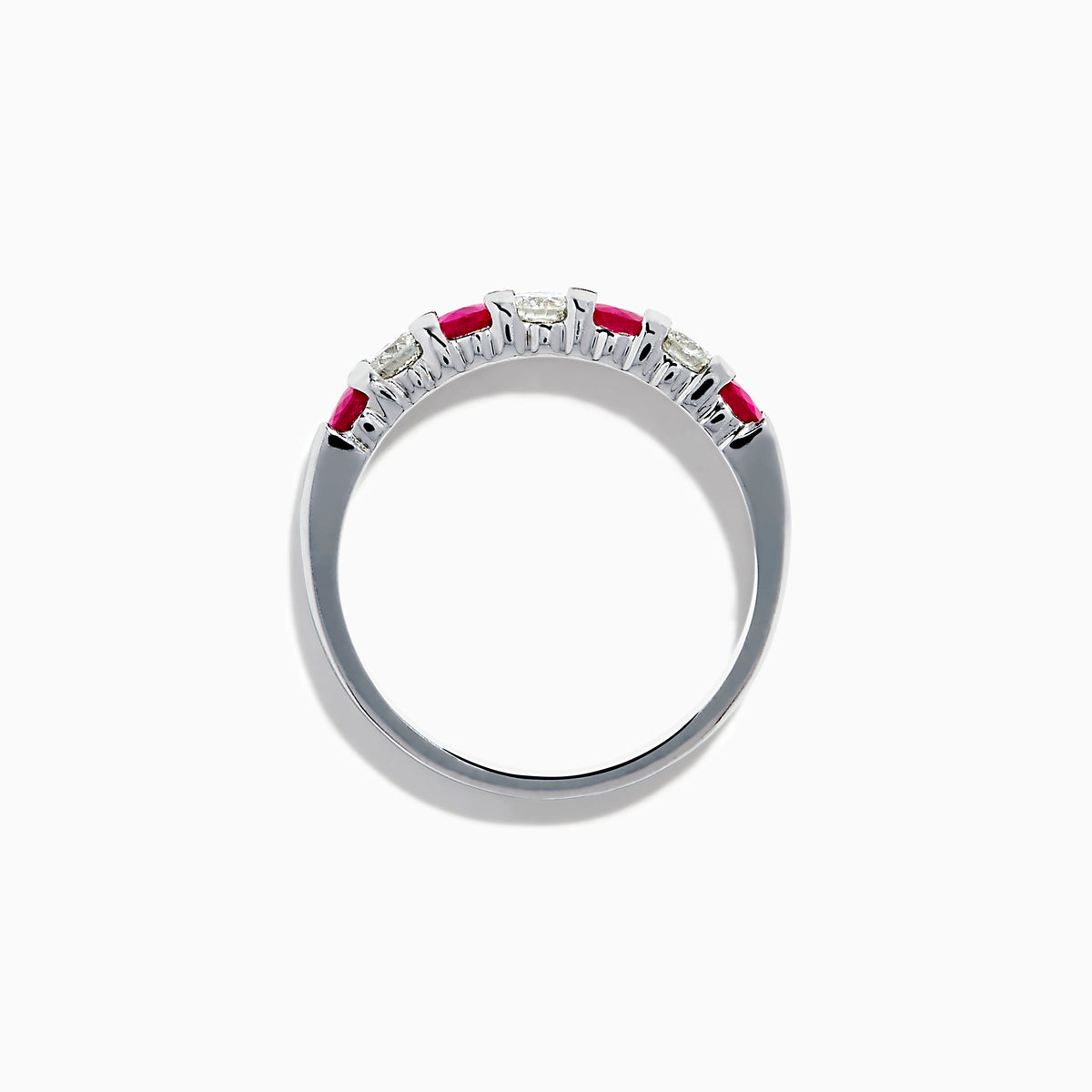 The 14K White Gold 7-Stone Ruby & Diamond Band, 0.65 TCW, features alternating round rubies and sparkling diamonds, showcased on a white background.