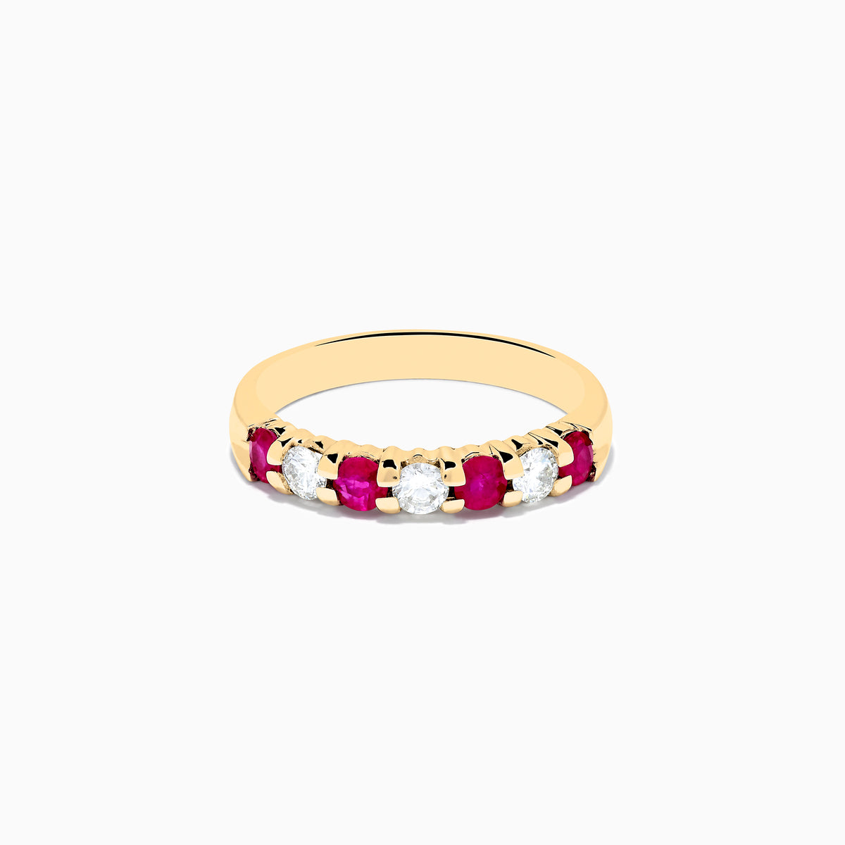 The 14K Yellow Gold 7-Stone Ruby & Diamond Band, 0.65 TCW, showcases alternating round rubies and diamonds set in a row along the band, displayed against a plain white background.