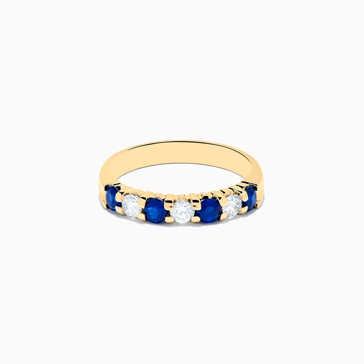 The 14K Yellow Gold 7-Stone Blue Sapphire & Diamond Band, 0.65 TCW, features alternating round blue sapphires and white diamonds set in a row along the band.