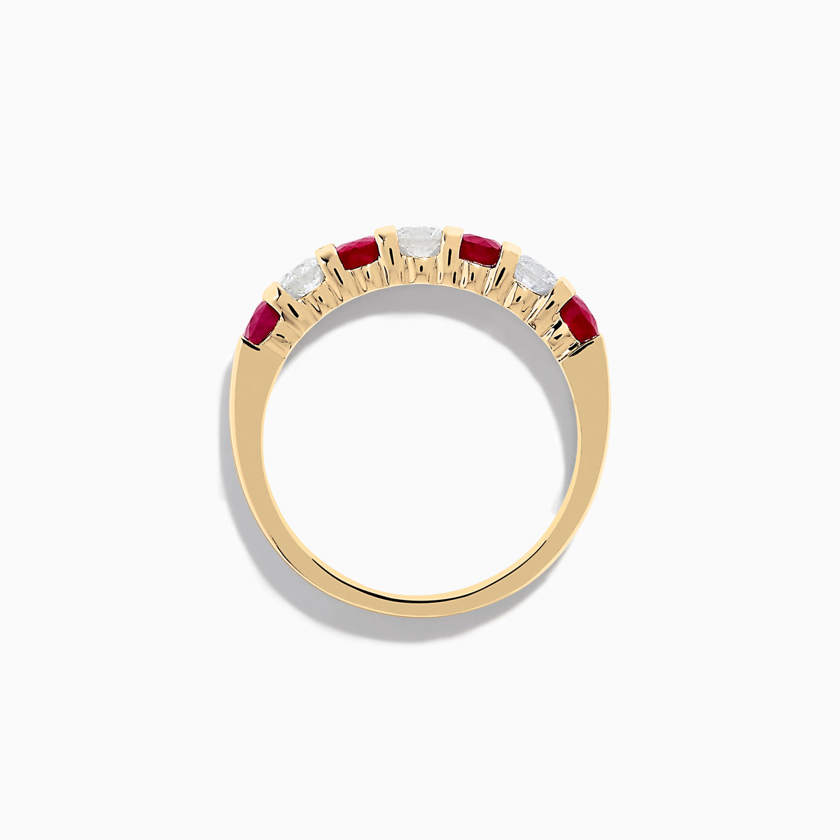 The 14K Yellow Gold 7-Stone Ruby & Diamond Band, 1.00 TCW, features alternating round rubies and clear diamonds set in a row along the band and is displayed on a white background.