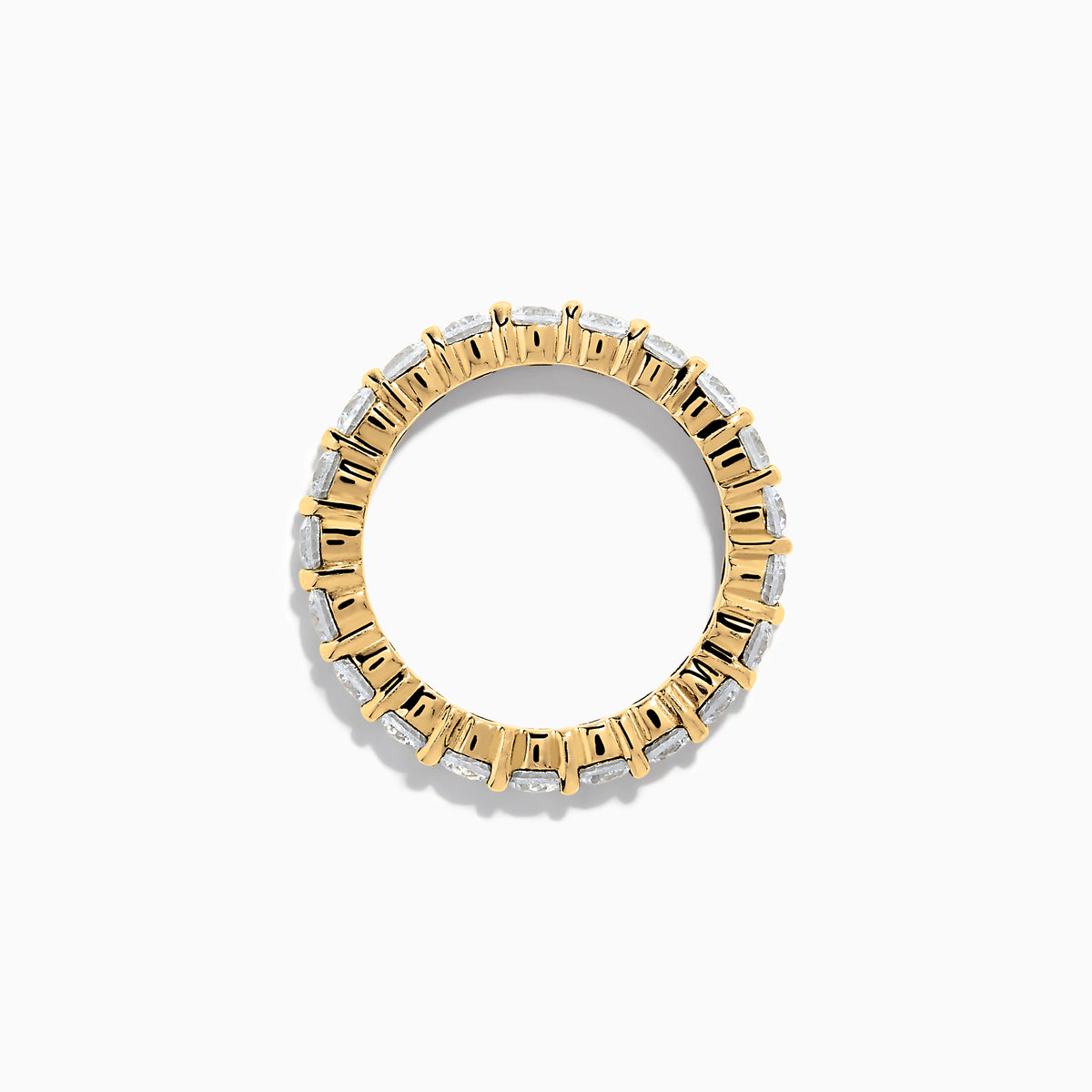 The 14K Yellow Gold Prong Set Diamond Eternity Band, 2.00 TCW, displays a seamless row of round white diamonds set in prongs on a plain white background.