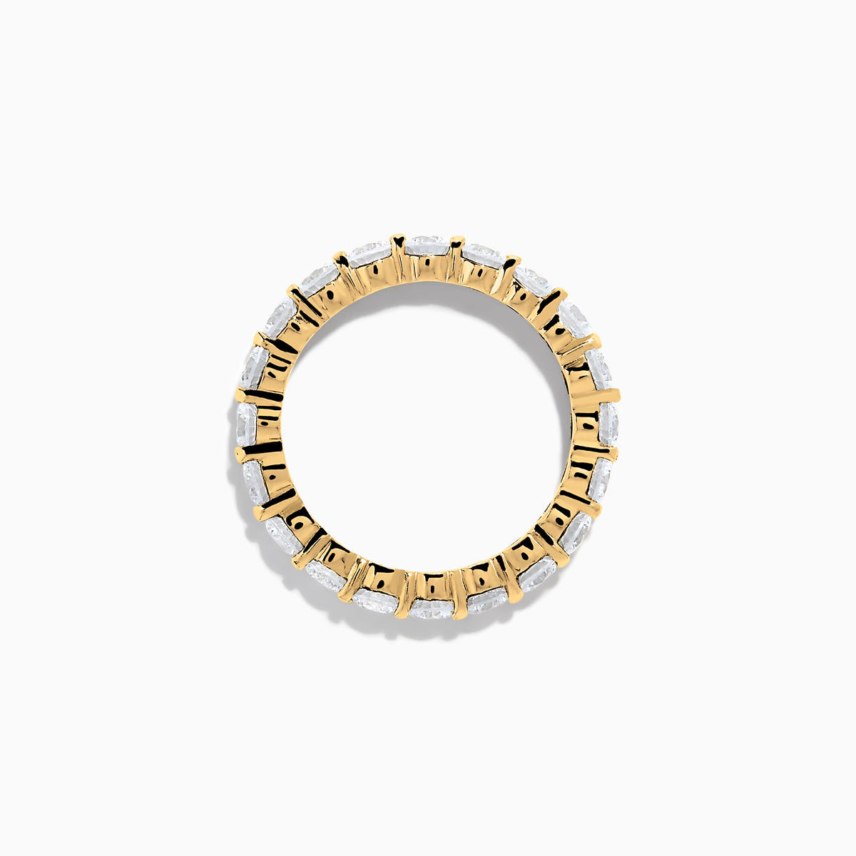 The 14K Yellow Gold Prong Set Diamond Eternity Band, 3.00 TCW, features round white diamonds encircling the entire ring and is shown against a plain white background.