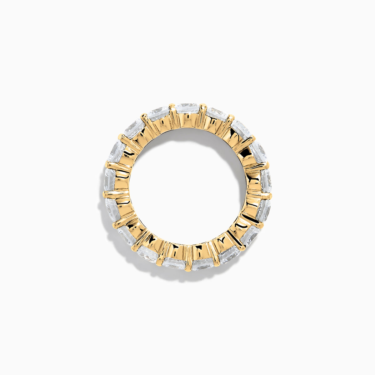The 14K Yellow Gold Prong Set Diamond Eternity Band, 4.00 TCW, features round diamonds set all around and is shown against a plain white background.