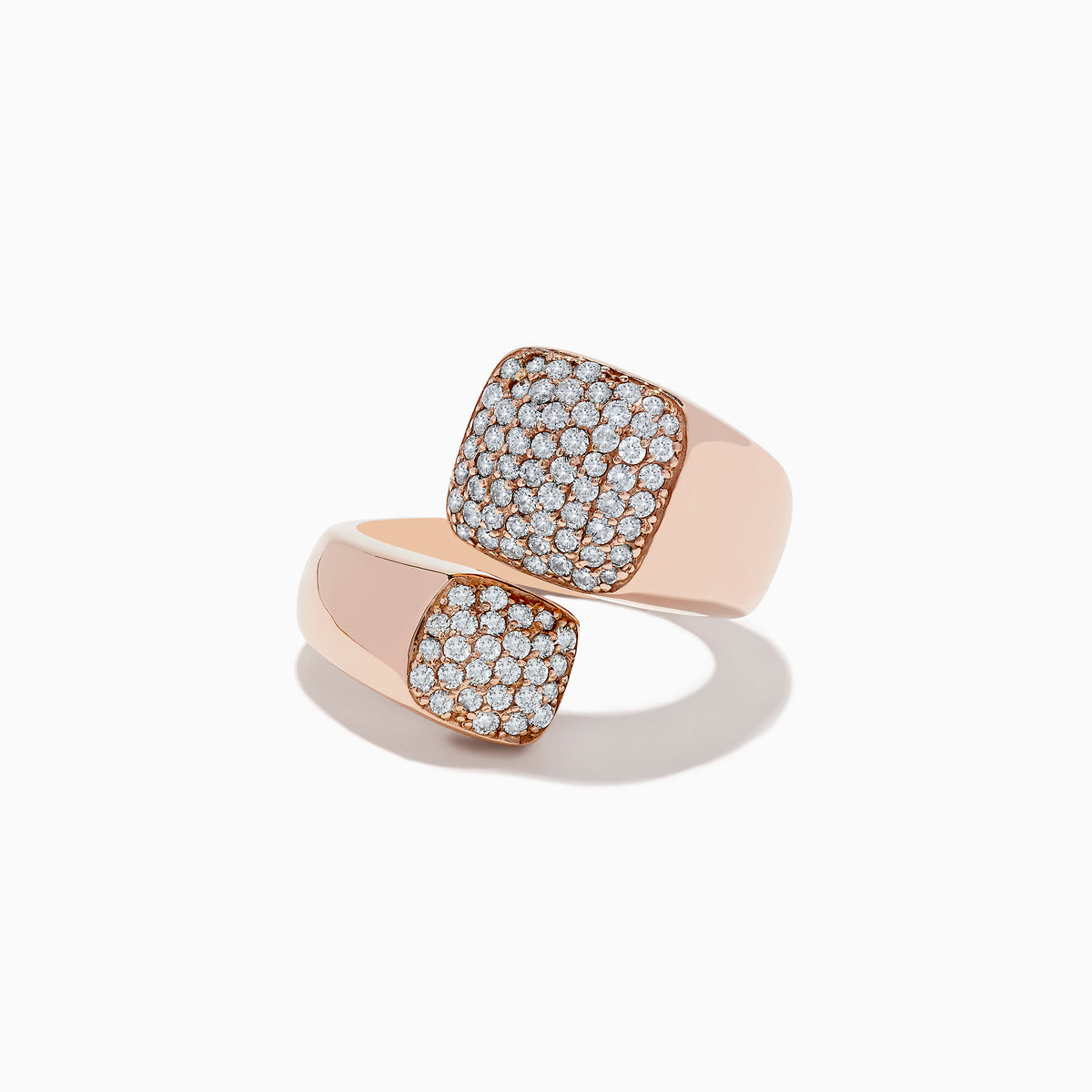 The Pave Rose 14K Rose Gold Diamond Bipass Ring features two square ends encrusted with sparkling diamonds, beautifully displayed on a white background.