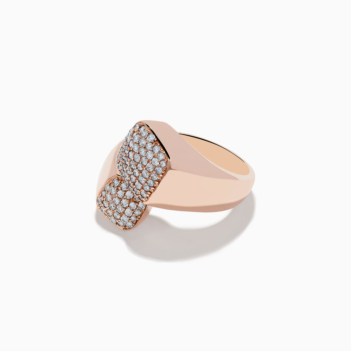The Pave Rose 14K Rose Gold Diamond Bipass Ring features two square ends encrusted with sparkling diamonds, beautifully displayed on a white background.