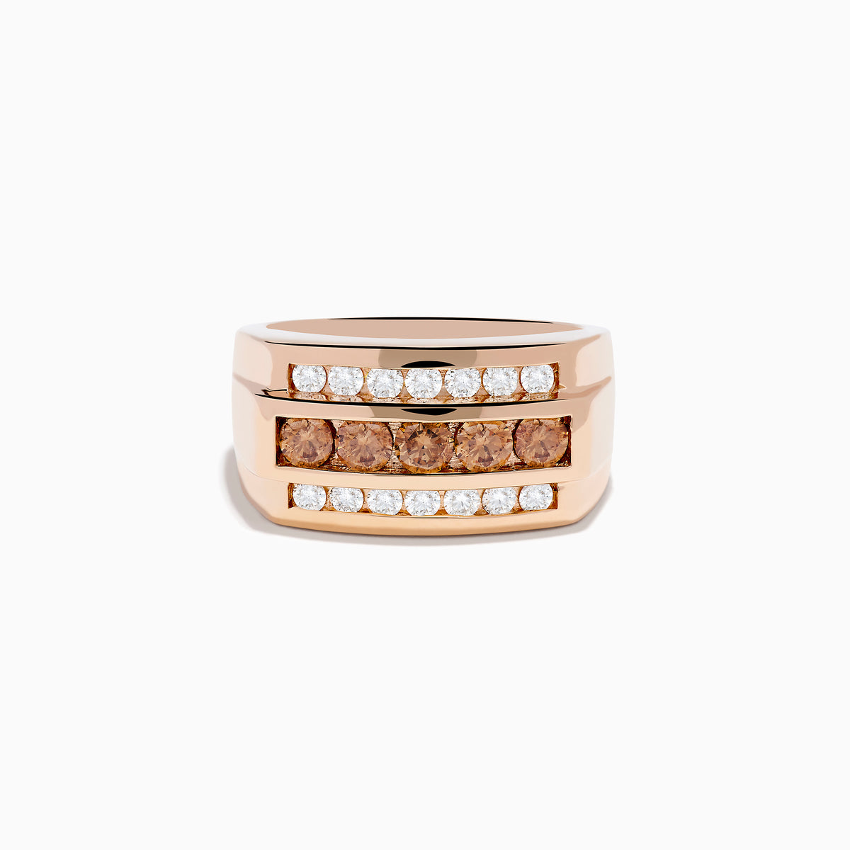 The Mens 14K Rose Gold Espresso and White Diamond Ring features three rows: white diamonds on top and bottom with espresso diamonds in the center, all set in a modern geometric design.