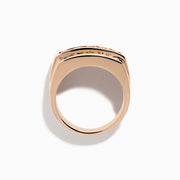 The Mens 14K Rose Gold Espresso and White Diamond Ring features three rows: white diamonds on top and bottom with espresso diamonds in the center, all set in a modern geometric design.