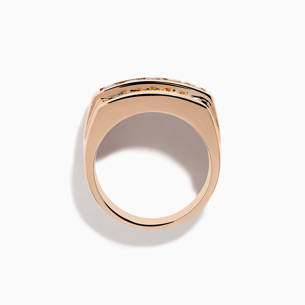 The Mens 14K Rose Gold Espresso and White Diamond Ring features three rows: white diamonds on top and bottom with espresso diamonds in the center, all set in a modern geometric design.