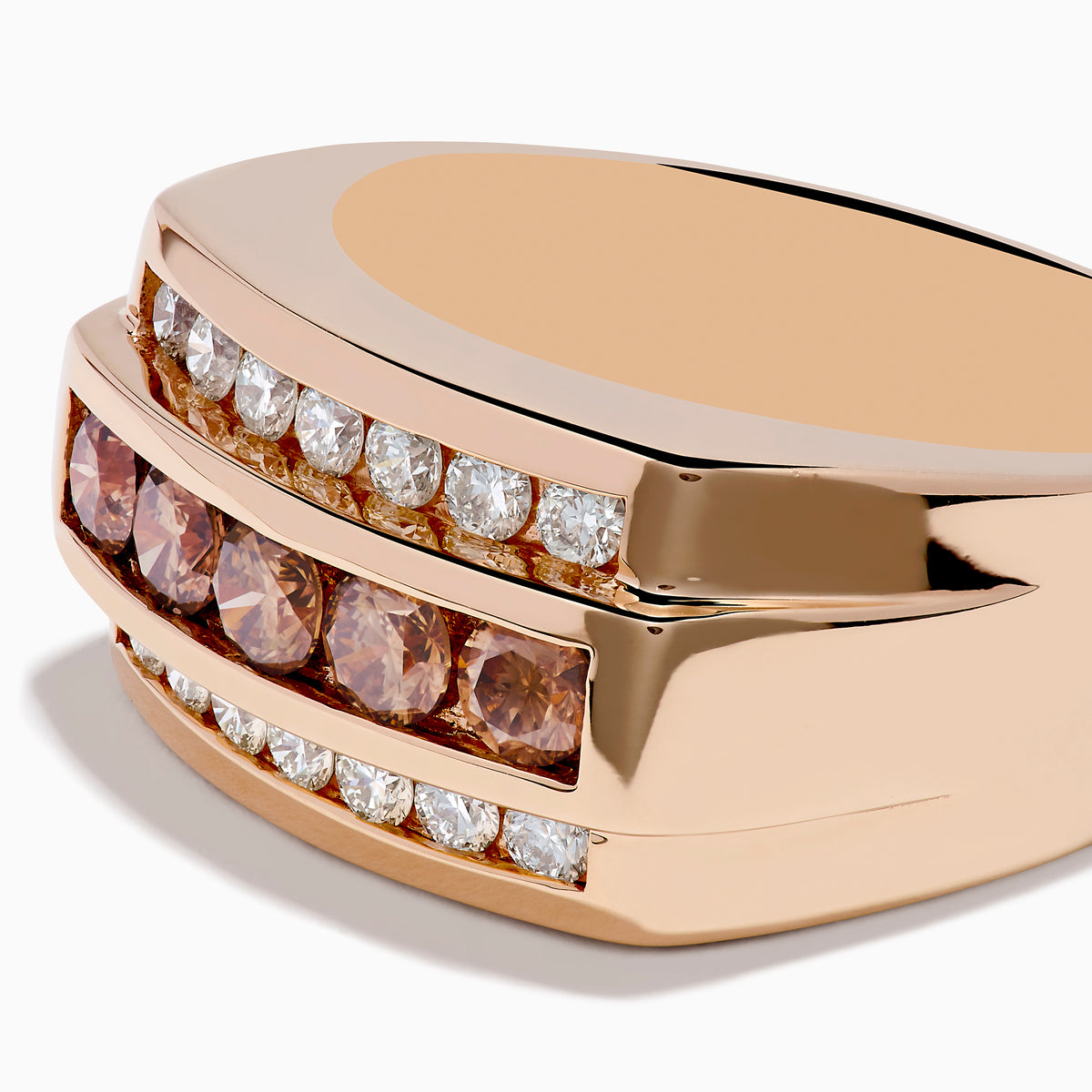 The Mens 14K Rose Gold Espresso and White Diamond Ring features three rows: white diamonds on top and bottom with espresso diamonds in the center, all set in a modern geometric design.