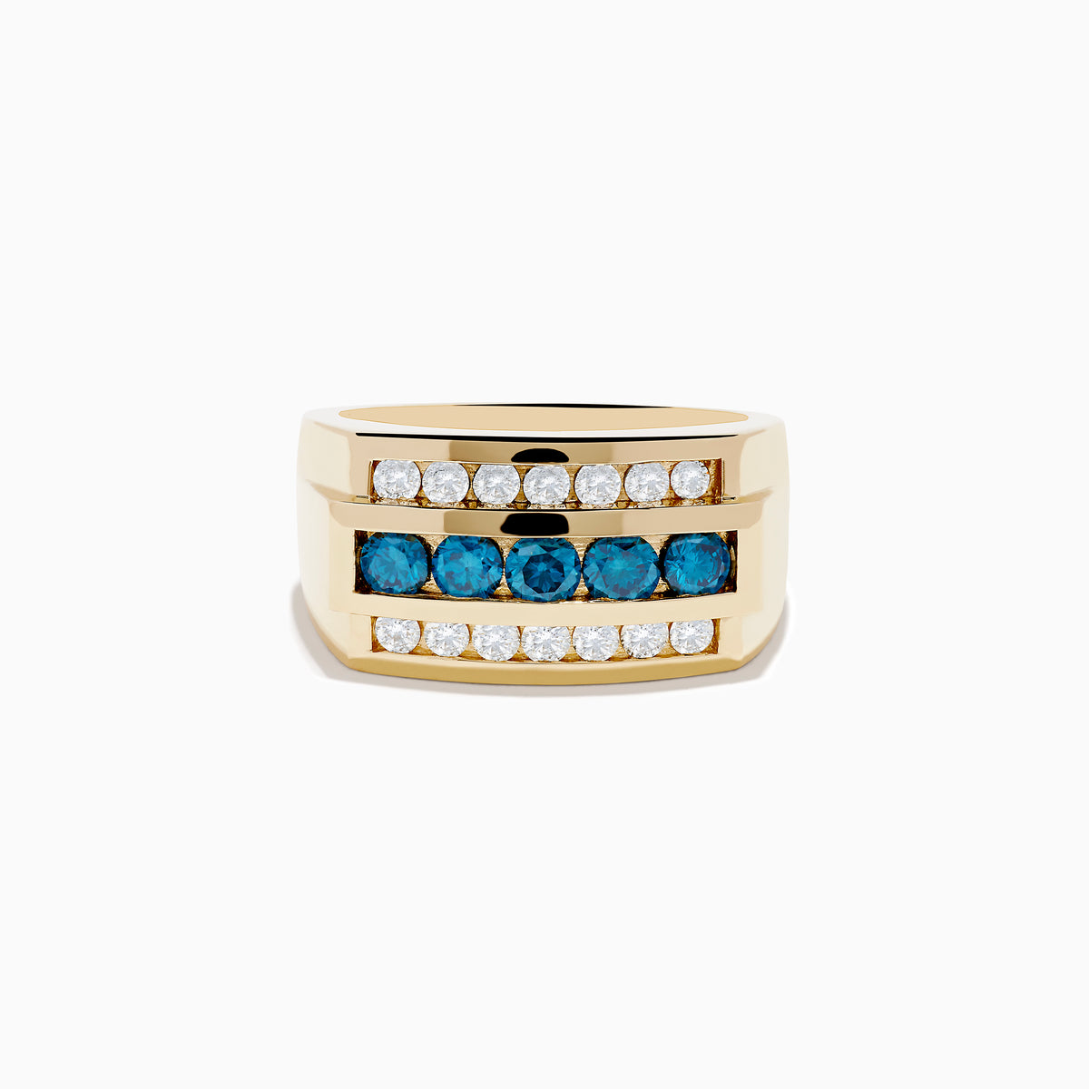 Mens 14K yellow gold ring featuring three horizontal rows: the top and bottom have small white diamonds, while the center showcases larger blue diamonds set in the band.