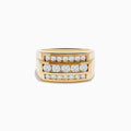 The Mens 14K Yellow Gold Diamond Ring features a wide band with three rows of round white diamonds set across the front.