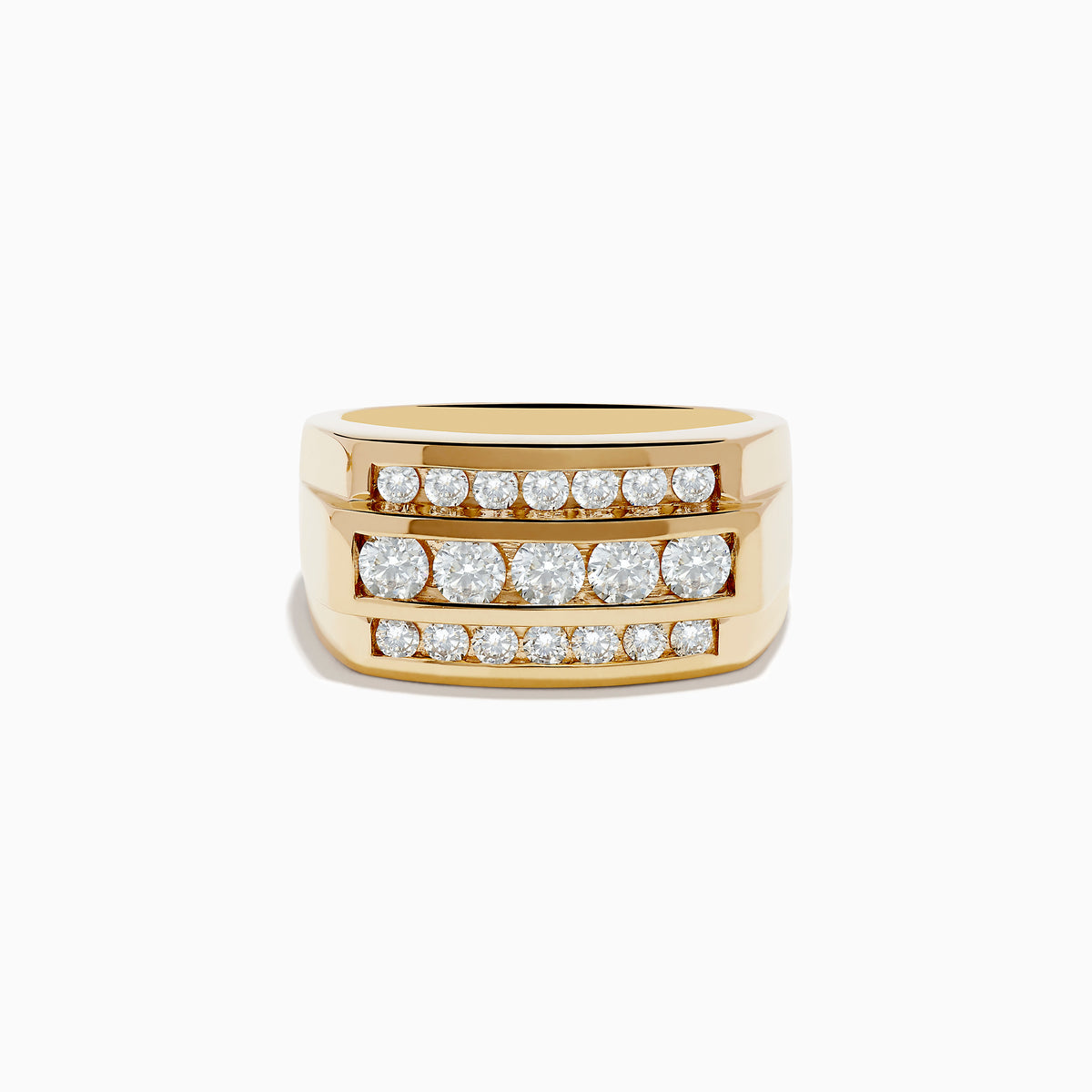 The Mens 14K Yellow Gold Diamond Ring features a wide band with three rows of round white diamonds set across the front.