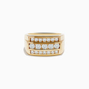 The Mens 14K Yellow Gold Diamond Ring features a wide band with three rows of round white diamonds set across the front.