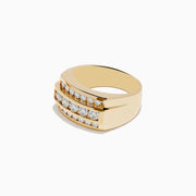 The Mens 14K Yellow Gold Diamond Ring features a wide band with three rows of round white diamonds set across the front.