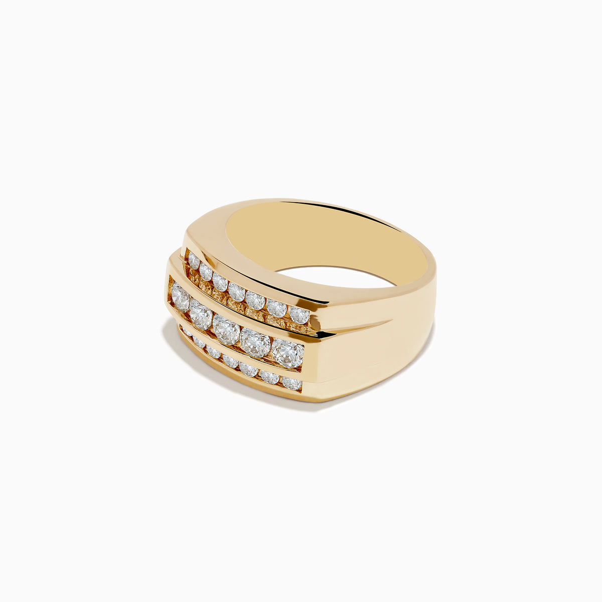 The Mens 14K Yellow Gold Diamond Ring features a wide band with three rows of round white diamonds set across the front.