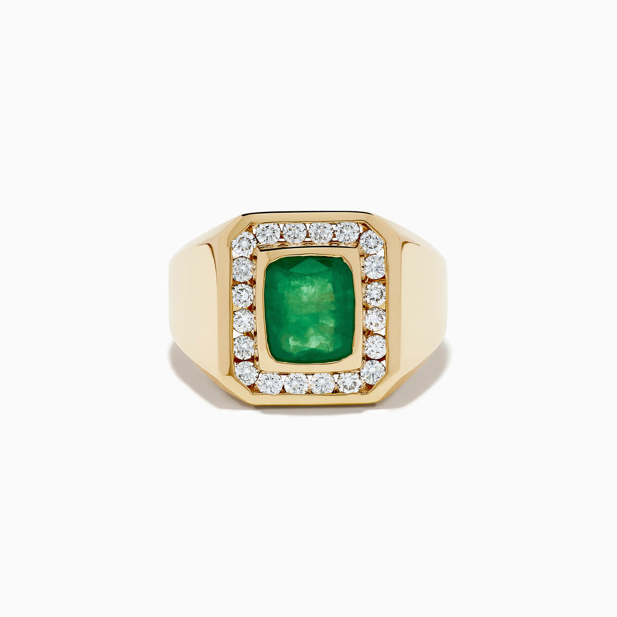 The Men's 14K Yellow Gold Emerald and Diamond Statement Ring showcases a square green emerald center, bordered by small round white diamonds, displayed on a plain white background.