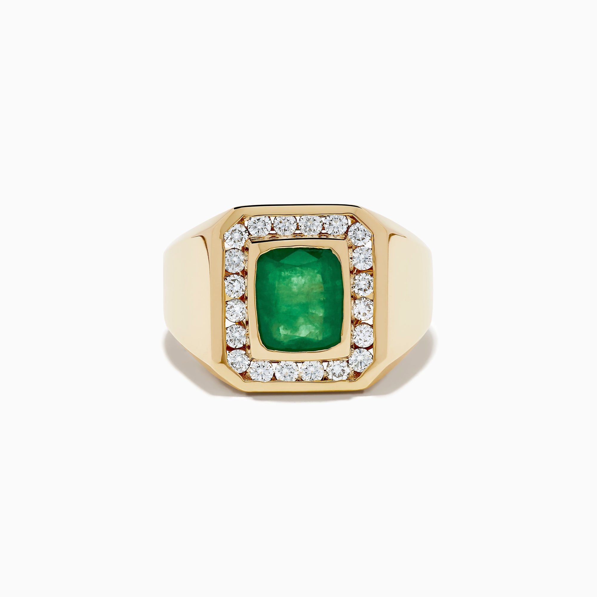 The Men's 14K Yellow Gold Emerald and Diamond Statement Ring showcases a square green emerald center, bordered by small round white diamonds, displayed on a plain white background.