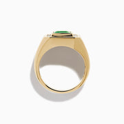 The Men's 14K Yellow Gold Emerald and Diamond Statement Ring showcases a square green emerald center, bordered by small round white diamonds, displayed on a plain white background.
