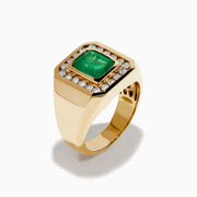 The Men's 14K Yellow Gold Emerald and Diamond Statement Ring showcases a square green emerald center, bordered by small round white diamonds, displayed on a plain white background.