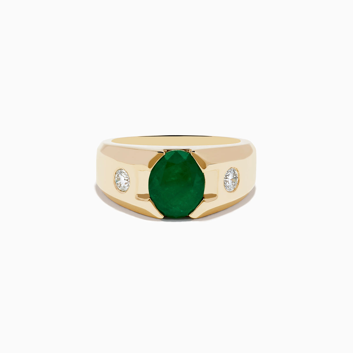 Mens 14K yellow gold emerald and diamond ring with a large oval emerald centerpiece and two small round diamonds set on each side, shown against a white background.