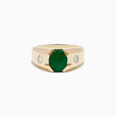Mens 14K yellow gold emerald and diamond ring with a large oval emerald centerpiece and two small round diamonds set on each side, shown against a white background.