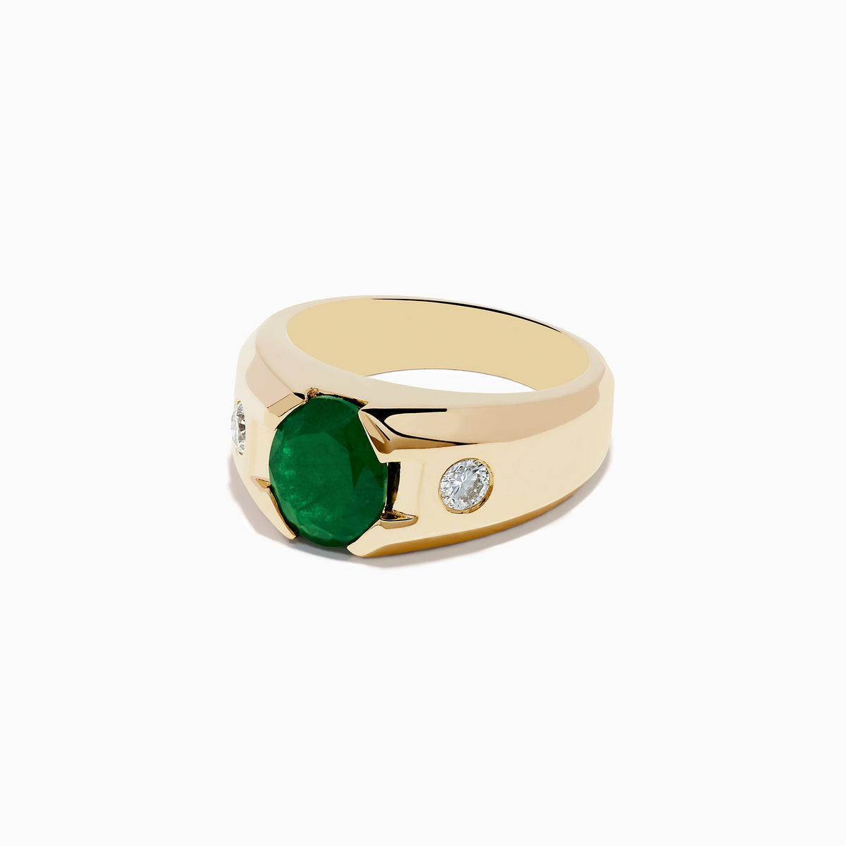 Mens 14K yellow gold emerald and diamond ring with a large oval emerald centerpiece and two small round diamonds set on each side, shown against a white background.