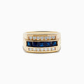 Men’s 14k Yellow Gold Blue Sapphire and Diamond Ring featuring a row of blue square-cut sapphires set between two rows of round white diamonds, displayed against a plain white background.