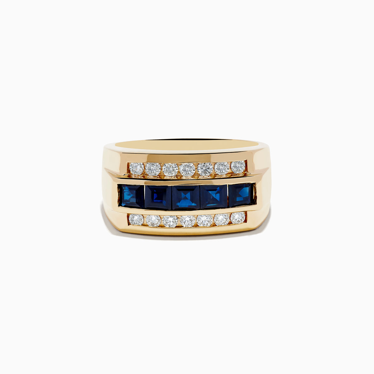 Men’s 14k Yellow Gold Blue Sapphire and Diamond Ring featuring a row of blue square-cut sapphires set between two rows of round white diamonds, displayed against a plain white background.