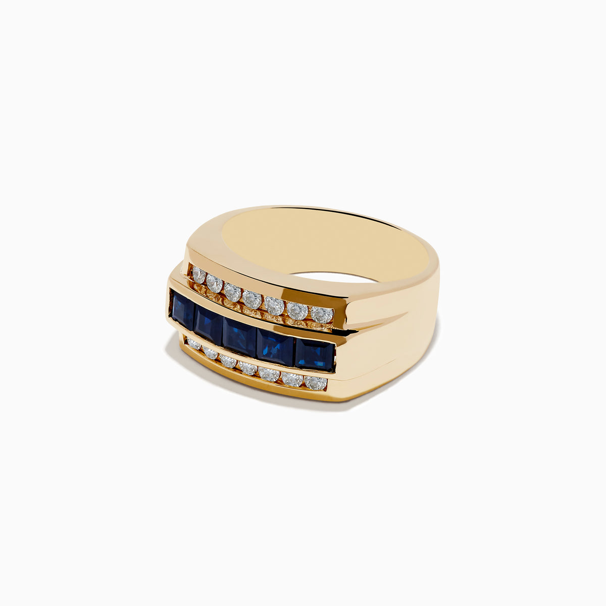 Men’s 14k Yellow Gold Blue Sapphire and Diamond Ring featuring a row of blue square-cut sapphires set between two rows of round white diamonds, displayed against a plain white background.