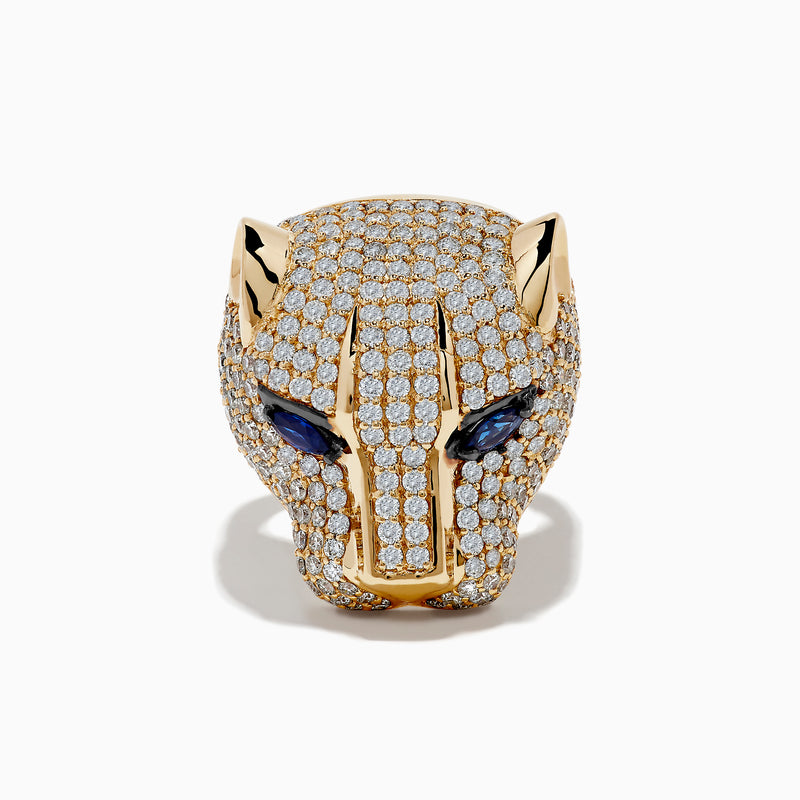 The Signature 14K Yellow Gold Sapphire and Diamond Panther Ring features a diamond-encrusted panther head with deep blue sapphire eyes, beautifully showcased against a plain white background.