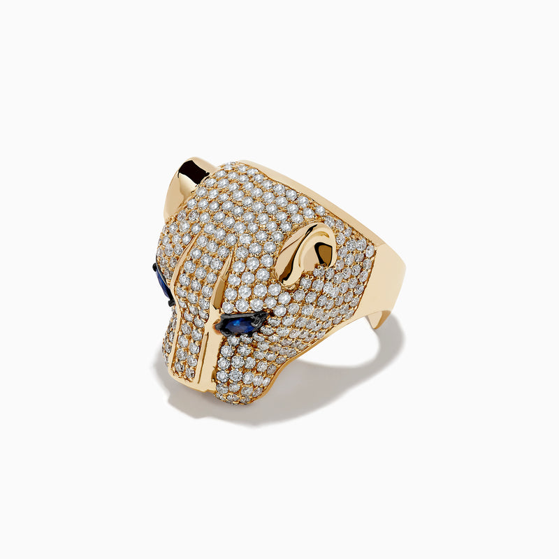 The Signature 14K Yellow Gold Sapphire and Diamond Panther Ring features a diamond-encrusted panther head with deep blue sapphire eyes, beautifully showcased against a plain white background.