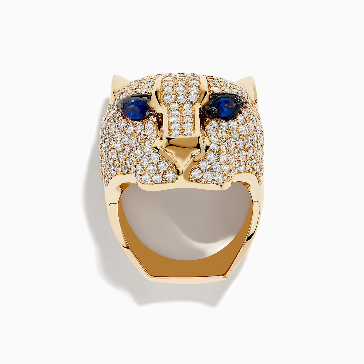 The Signature 14K Yellow Gold Sapphire and Diamond Panther Ring features a diamond-encrusted panther head with deep blue sapphire eyes, beautifully showcased against a plain white background.