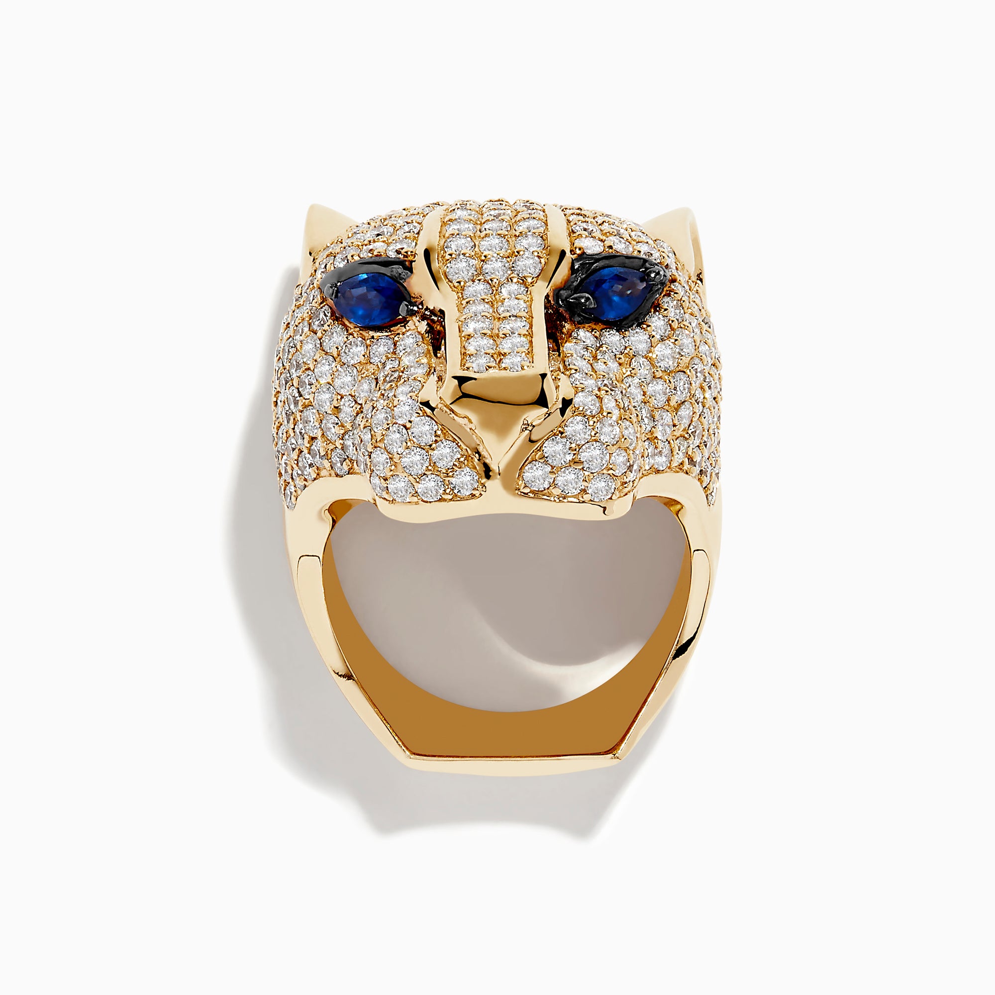 The Signature 14K Yellow Gold Sapphire and Diamond Panther Ring features a diamond-encrusted panther head with deep blue sapphire eyes, beautifully showcased against a plain white background.