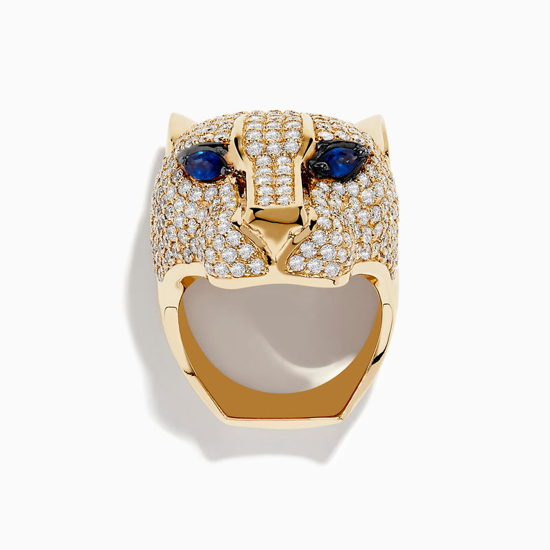 The Signature 14K Yellow Gold Sapphire and Diamond Panther Ring features a diamond-encrusted panther head with deep blue sapphire eyes, beautifully showcased against a plain white background.