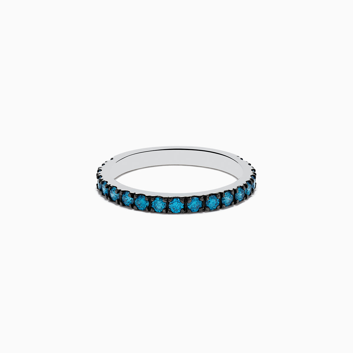 The Bella Bleu 14K White Gold Blue Diamond Ring showcases a band of small, round blue diamonds set all around and is beautifully displayed on a white background.