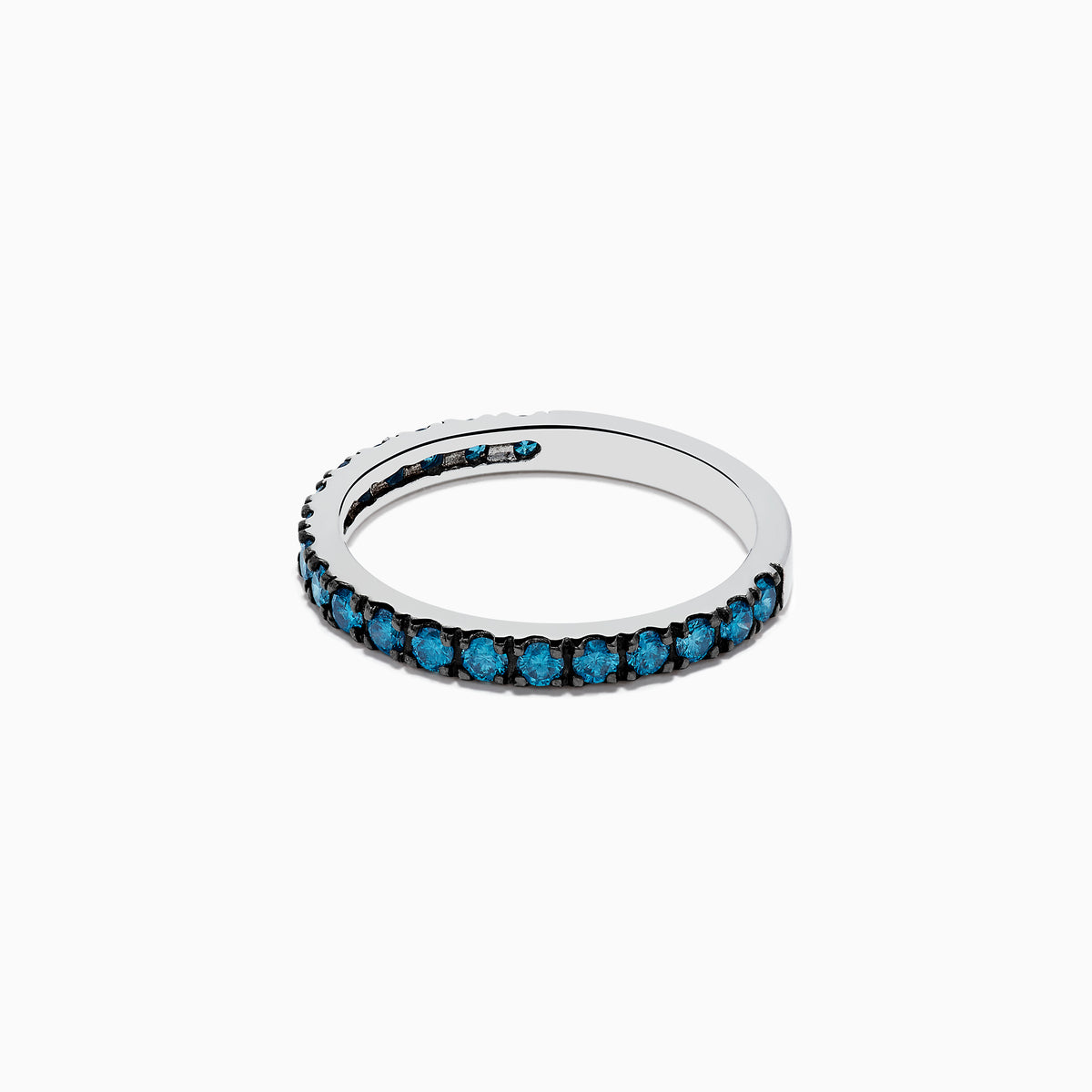 The Bella Bleu 14K White Gold Blue Diamond Ring showcases a band of small, round blue diamonds set all around and is beautifully displayed on a white background.