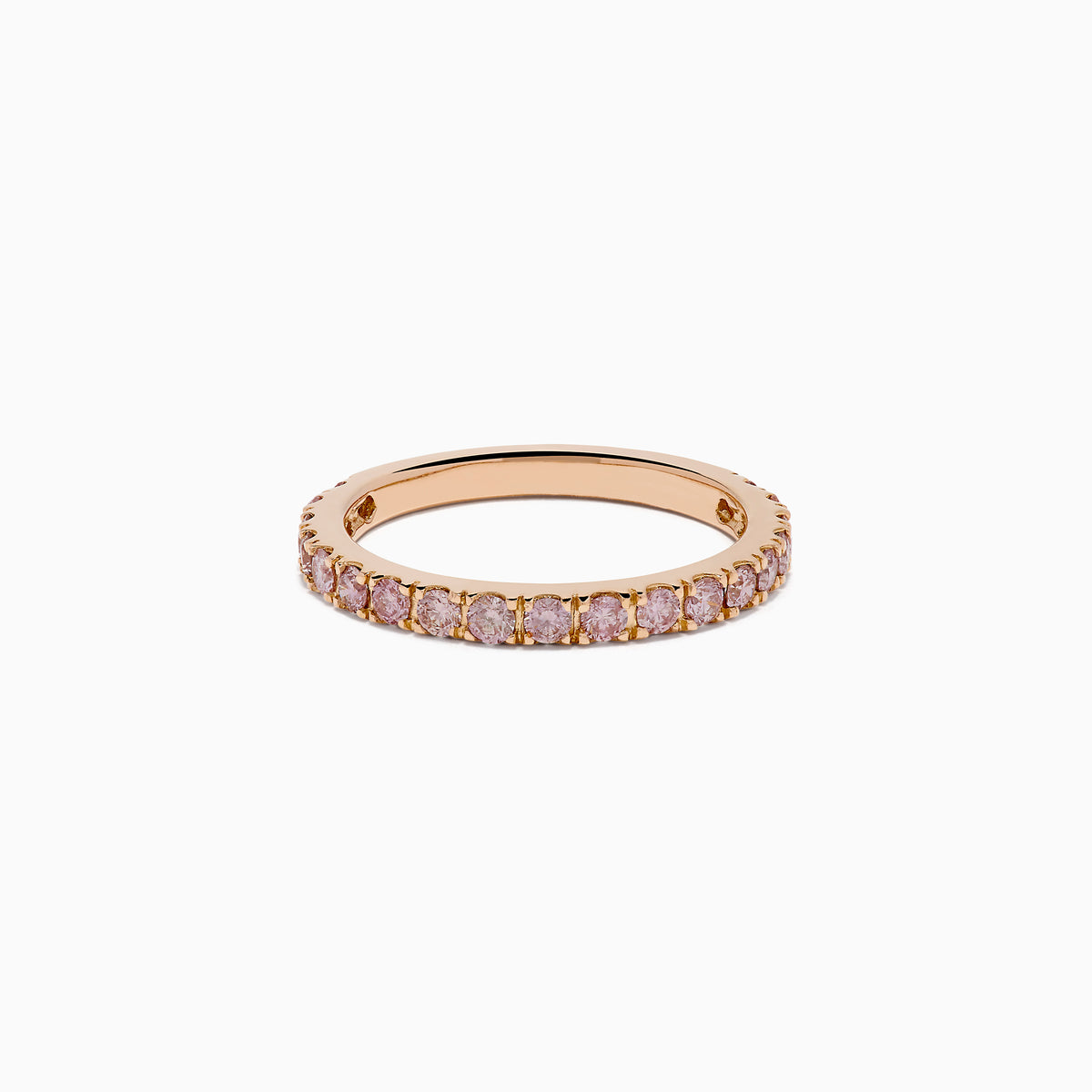 The 18K Rose Gold Pink Diamond Pavé Band Ring showcases a row of sparkling pink diamonds set along the band, photographed on a plain white background.