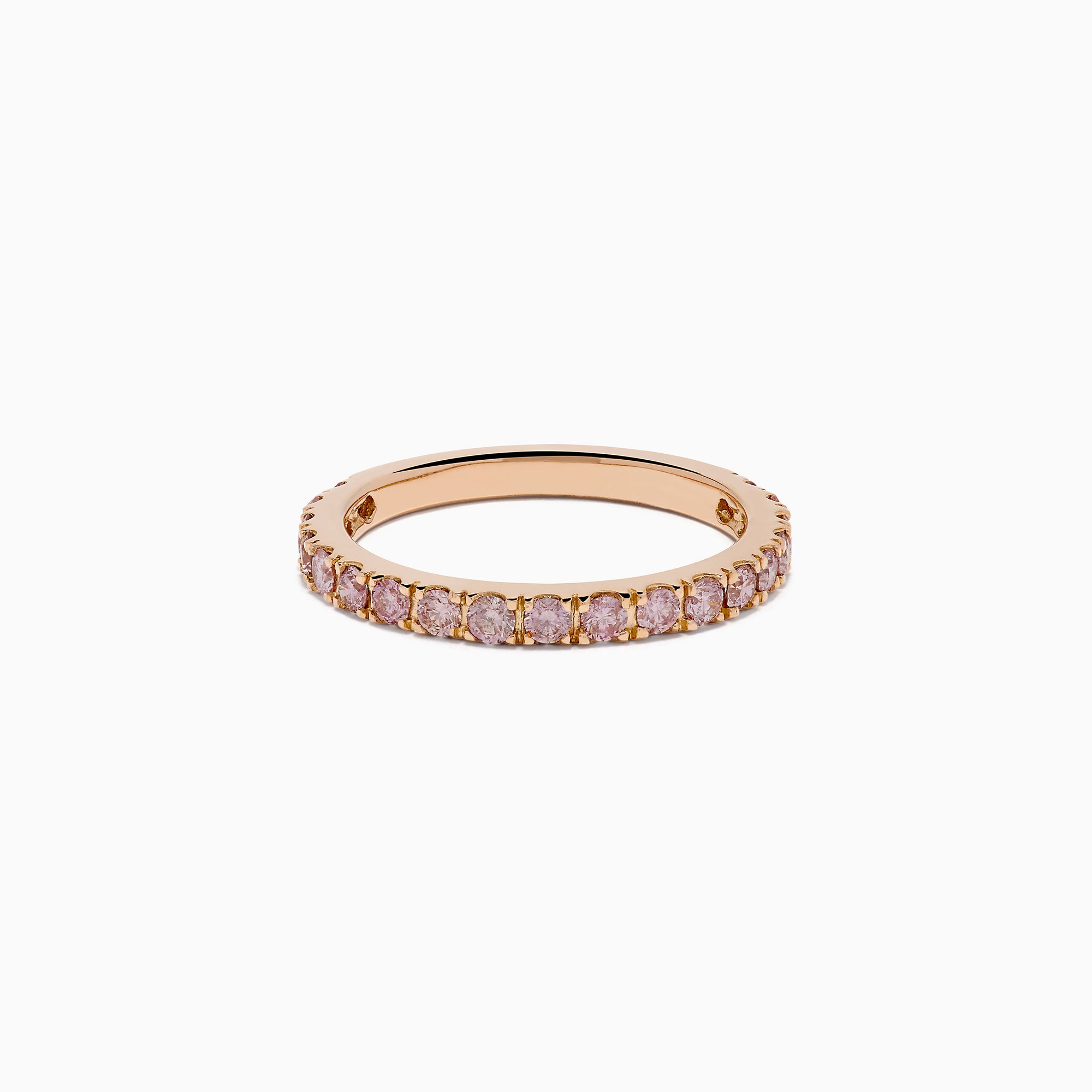 The 18K Rose Gold Pink Diamond Pavé Band Ring showcases a row of sparkling pink diamonds set along the band, photographed on a plain white background.