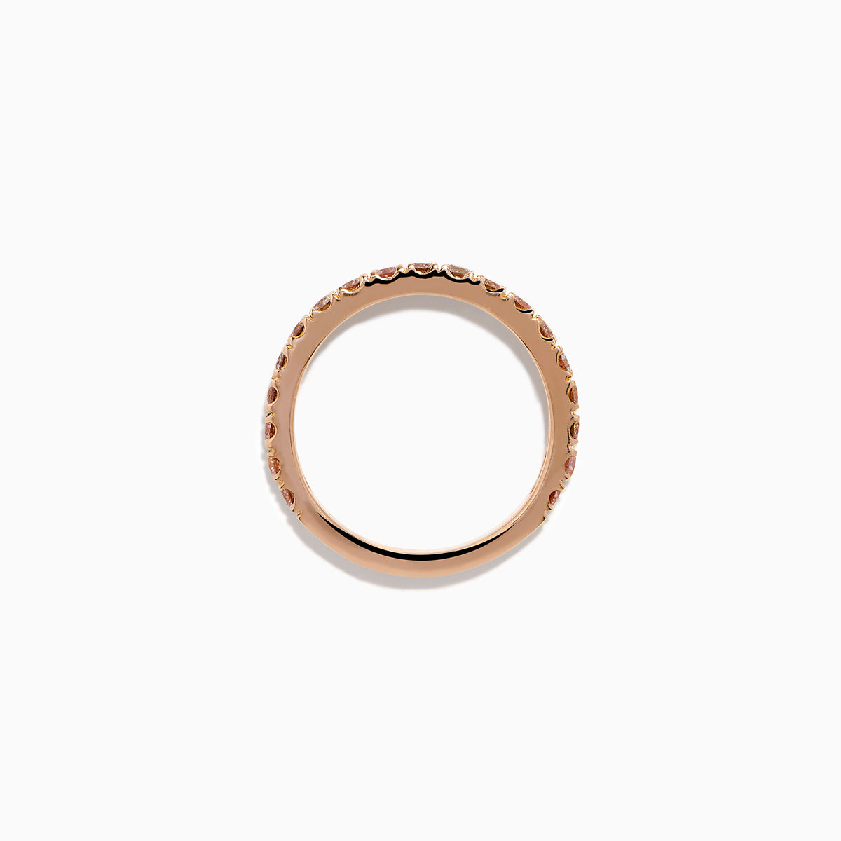The 18K Rose Gold Pink Diamond Pavé Band Ring showcases a row of sparkling pink diamonds set along the band, photographed on a plain white background.