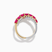 The 14K Two Tone Gold Ruby and Diamond Criss Cross Ring features intersecting gold and silver bands—one set with round diamonds, the other with oval rubies—for a strikingly elegant look.
