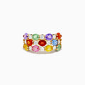 The Watercolors 14K Yellow Gold Multi Color Sapphire Three Row Ring features green, purple, red, orange, yellow, and blue sapphires with small round diamonds, all set against a white background.