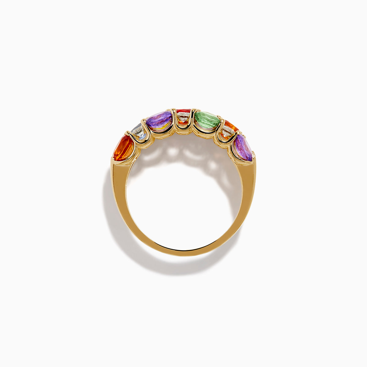 The Watercolors 14K Yellow Gold Multi Color Sapphire Three Row Ring features green, purple, red, orange, yellow, and blue sapphires with small round diamonds, all set against a white background.