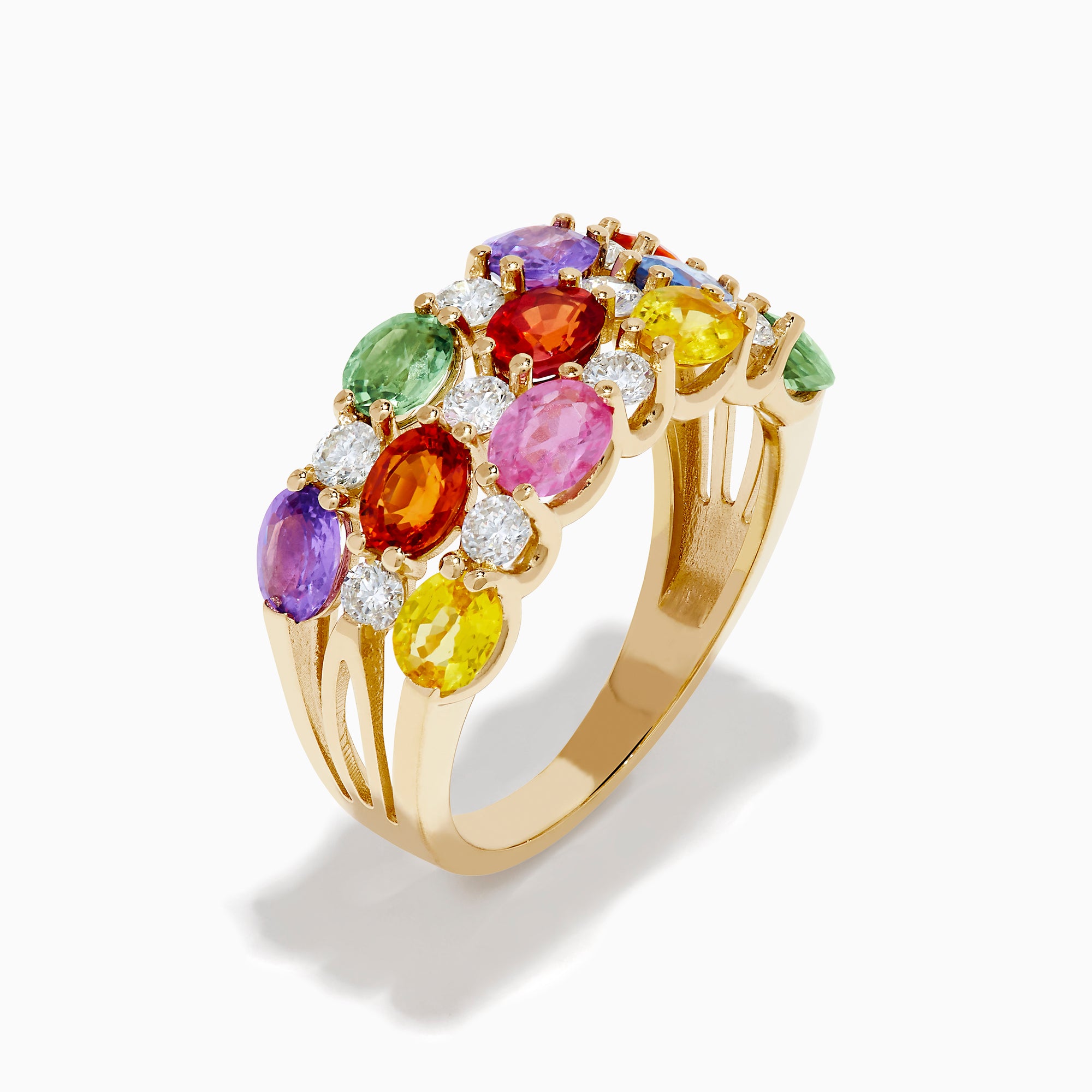 The Watercolors 14K Yellow Gold Multi Color Sapphire Three Row Ring features green, purple, red, orange, yellow, and blue sapphires with small round diamonds, all set against a white background.