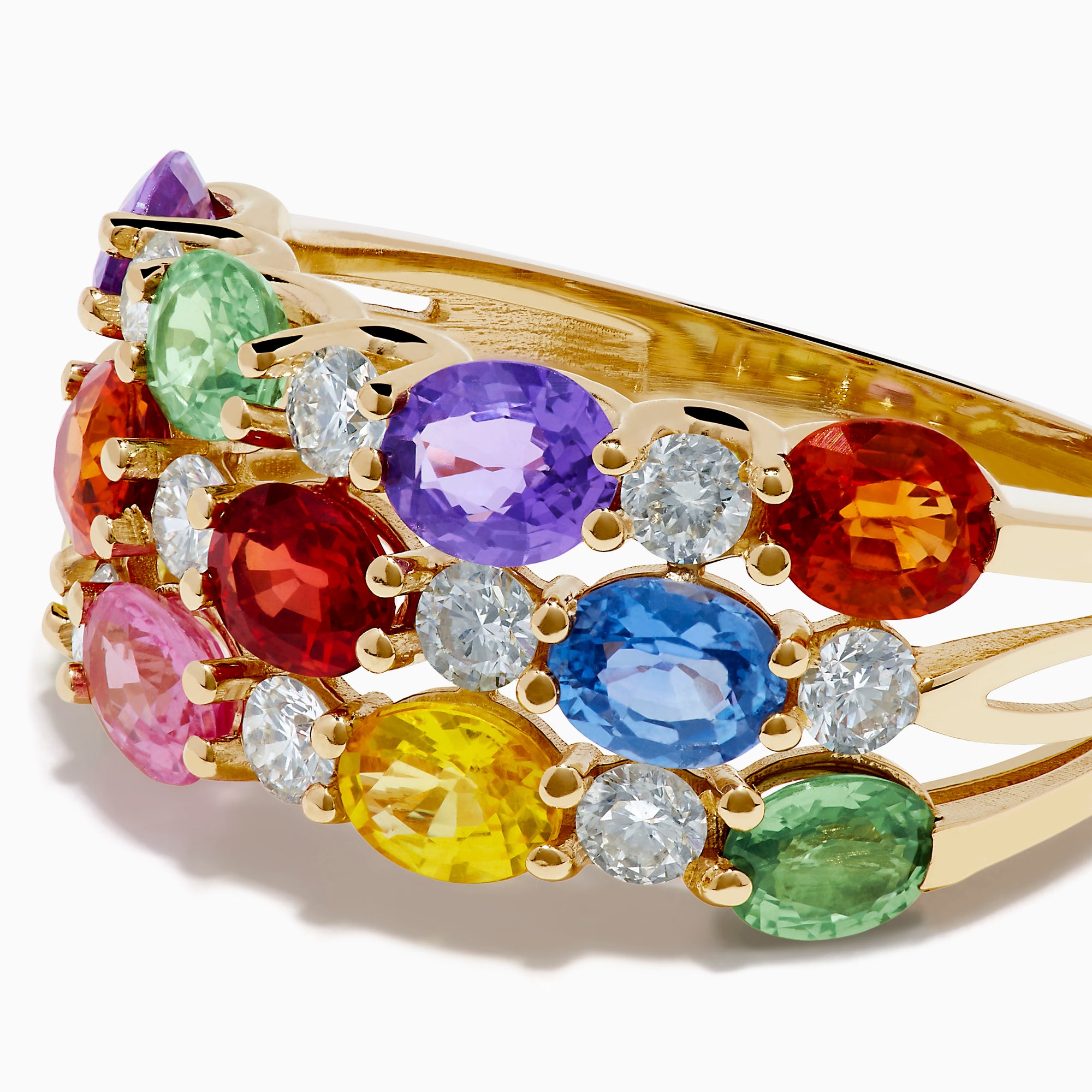 The Watercolors 14K Yellow Gold Multi Color Sapphire Three Row Ring features green, purple, red, orange, yellow, and blue sapphires with small round diamonds, all set against a white background.