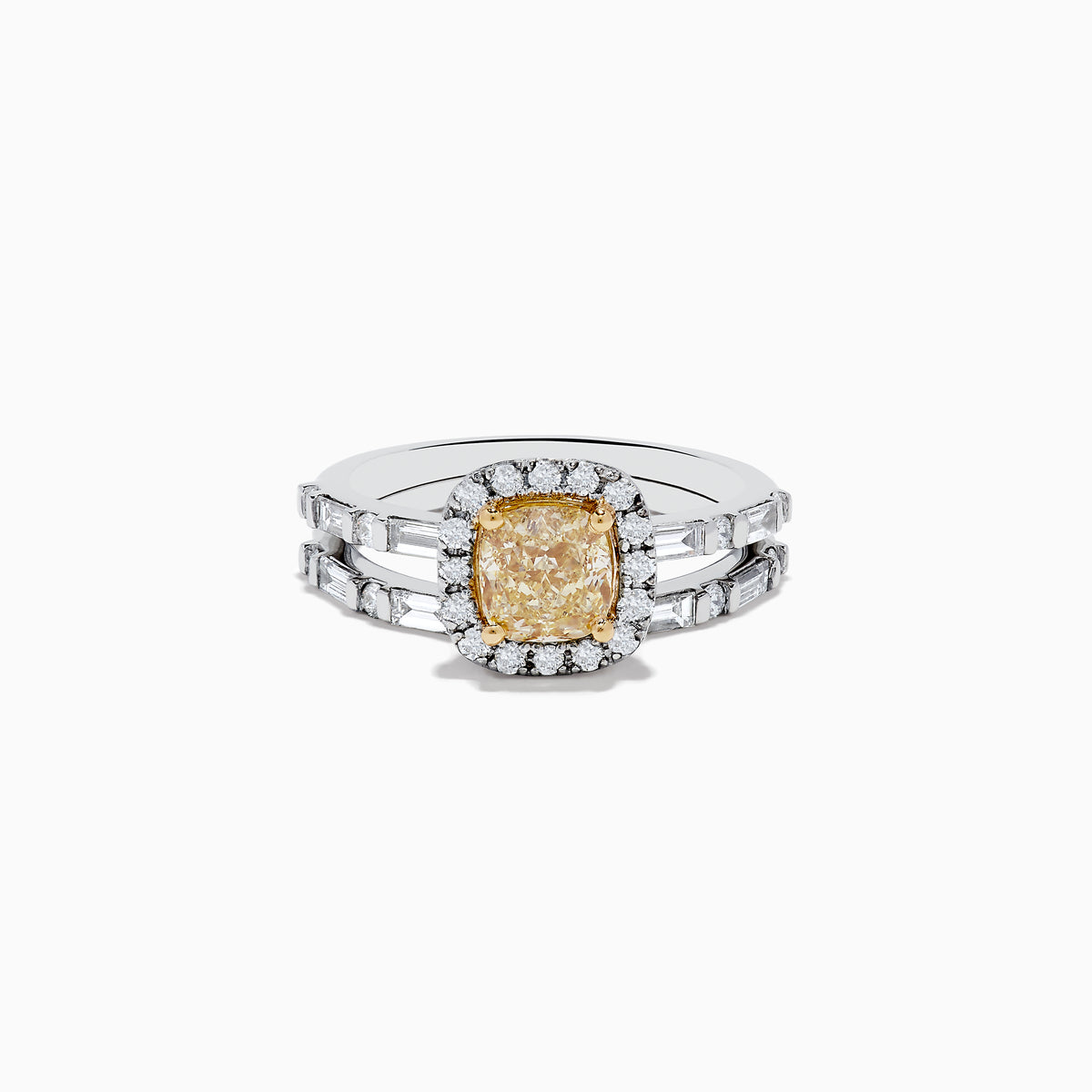 The Canare 14K Two-Tone Gold Yellow Diamond Ring Set features a cushion-cut yellow center stone with a halo of white diamonds and a split shank band adorned with more diamonds, showcasing the signature Effy Canare style.