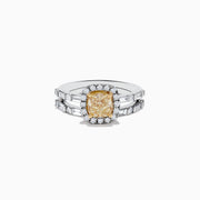 The Canare 14K Two-Tone Gold Yellow Diamond Ring Set features a cushion-cut yellow center stone with a halo of white diamonds and a split shank band adorned with more diamonds, showcasing the signature Effy Canare style.