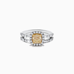 The Canare 14K Two-Tone Gold Yellow Diamond Ring Set features a cushion-cut yellow center stone with a halo of white diamonds and a split shank band adorned with more diamonds, showcasing the signature Effy Canare style.